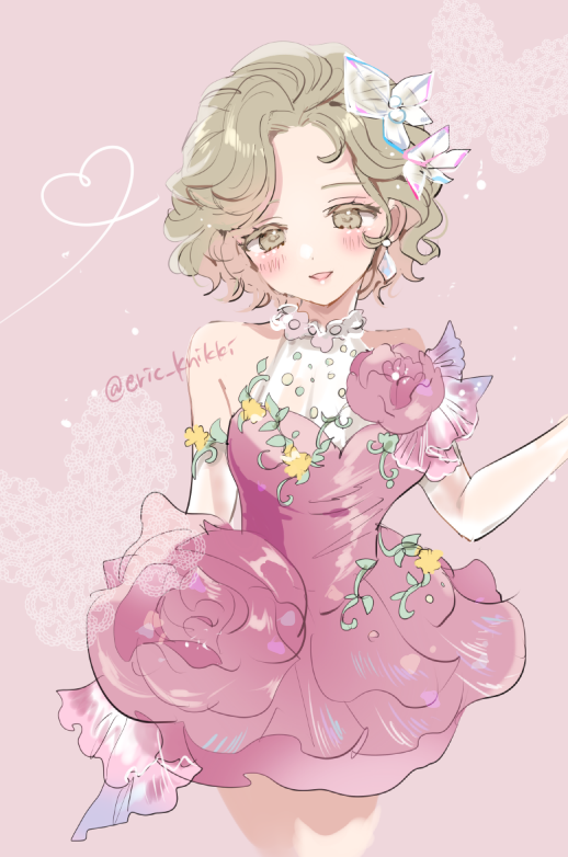 1girl solo dress blush pink dress short hair flower  illustration images