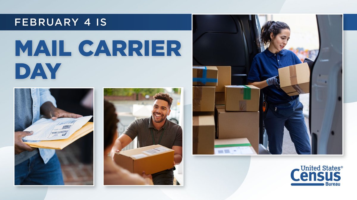 uscensusbureau's tweet photo. Sunday is #MailCarrierDay. 📬
Be sure to say #ThankYou to your local #MailCarriers for the exceptional service they provide day in and day out.
Learn more about this observance using #CensusData: https://t.co/NlrTOlEcPW
@USPS #StatsForStories https://t.co/amK5Z97Vr0