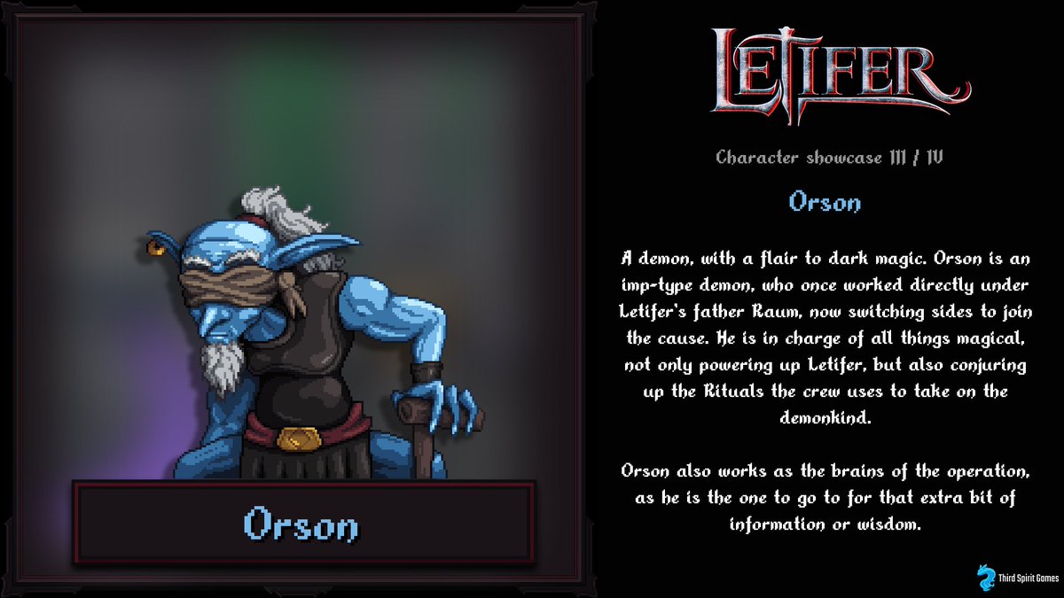 thirdspiritdev's tweet image. Letifer Character showcase III / IV:
ORSON

Demo now available for download!

Next showcase coming soon.
#indiegame #pixelart #gamemaker #itch #gamejolt #steam #bulletheaven #bullethell #gamedevelopment #letifer #game