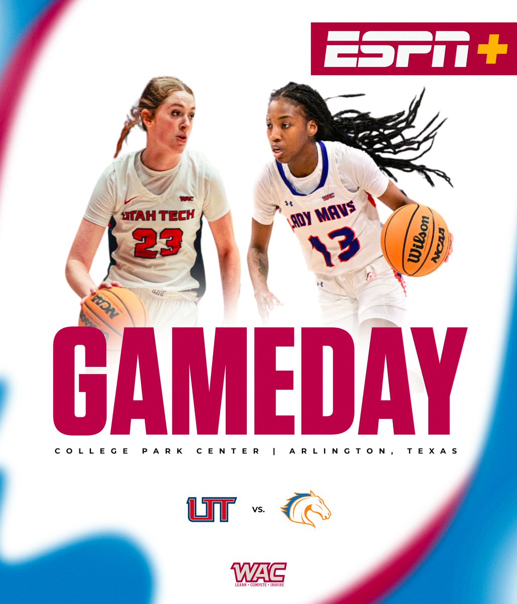 Arlington-bound for @WACsports women's basketball on @ESPNPlus: 🦬 @UtahTech_WBB vs. 🐴 @UTAMavsWBB 📍@UTACollegePark 🕝 2:30 pm CT/1:30 pm MT 📱 @ESPN app 💻 espn.tiny.us/blazersmavs 🎙️ @CoachBrandi33 and me #UtahTechBlazers #BuckEm #OneWAC