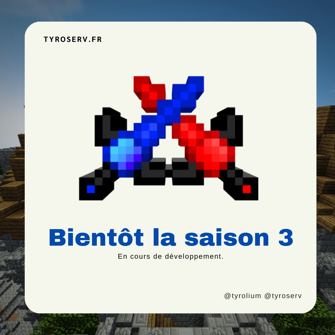 TyroliumE's tweet photo. Merci.
Soon Saison 3

#Tyrolium #TyroServ #Minecraft https://t.co/jalVgT2ICJ
