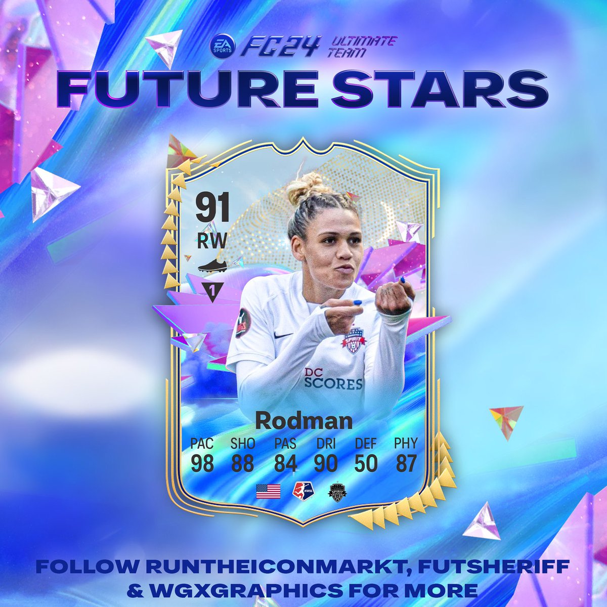 FutSheriff's tweet photo. 🚨Rodman 🇺🇸 is coming as FUTURE STARS player soon!🔥

Stats are prediction 💭

Make sure to follow @FutSheriff , @Runtheiconmarkt and @WGXgraphics !
#fc24 https://t.co/fhCXcse2YM