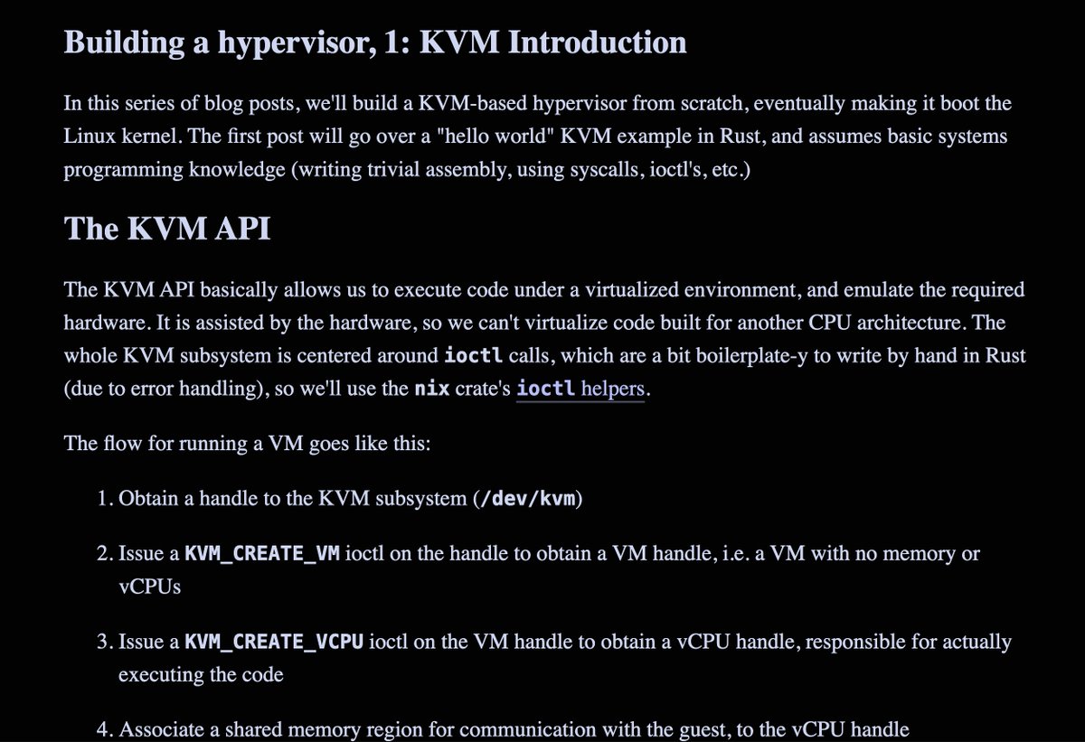 eatonphil's tweet image. > Building a hypervisor, 1: KVM Introduction
iovec.net/2024-01-29
shared on discord, sweet project