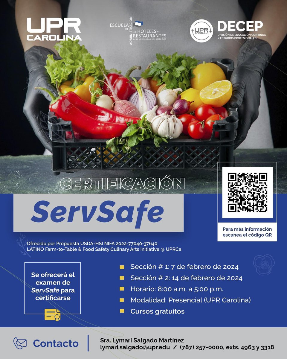 Cursos gratuitos-Estos cursos comienzan el miércoles, 7 de febrero del 2024. 🔵 Enlace de la forma de inscripción del curso ServSafe: decepenlinea.uprc.edu/servsafe-regis… 🔵 Enlace de linscripción del curso Farm-To-Table: decepenlinea.uprc.edu/farm-to-table-… #upraccesible #upratualcance #UPRCarolina