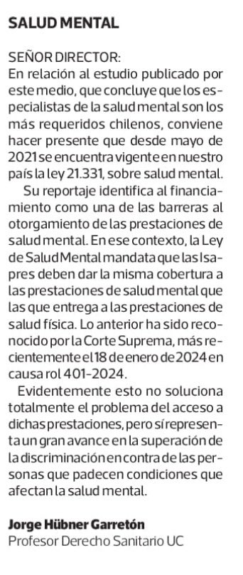 Carta al director del profesor Jorge Hübner Garretón: