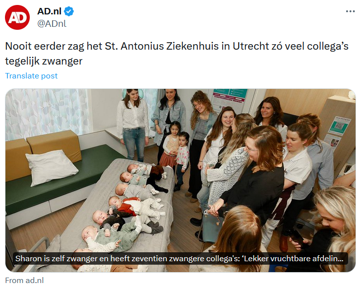 JGuldemond's tweet photo. @ADnl Wat bijzonder! En dat terwijl in landen met hoge vaccinatiegraad 9 maanden na start van de coronaprikcampagne de #geboortedaling inzette. Fijn dat AD een lichtpuntje laat zien binnen deze sombere trend. Zo'n foto zegt toch meer dan harde data? Zijn we weer hélemaal gerustgesteld? https://t.co/u4F2ADrmvA