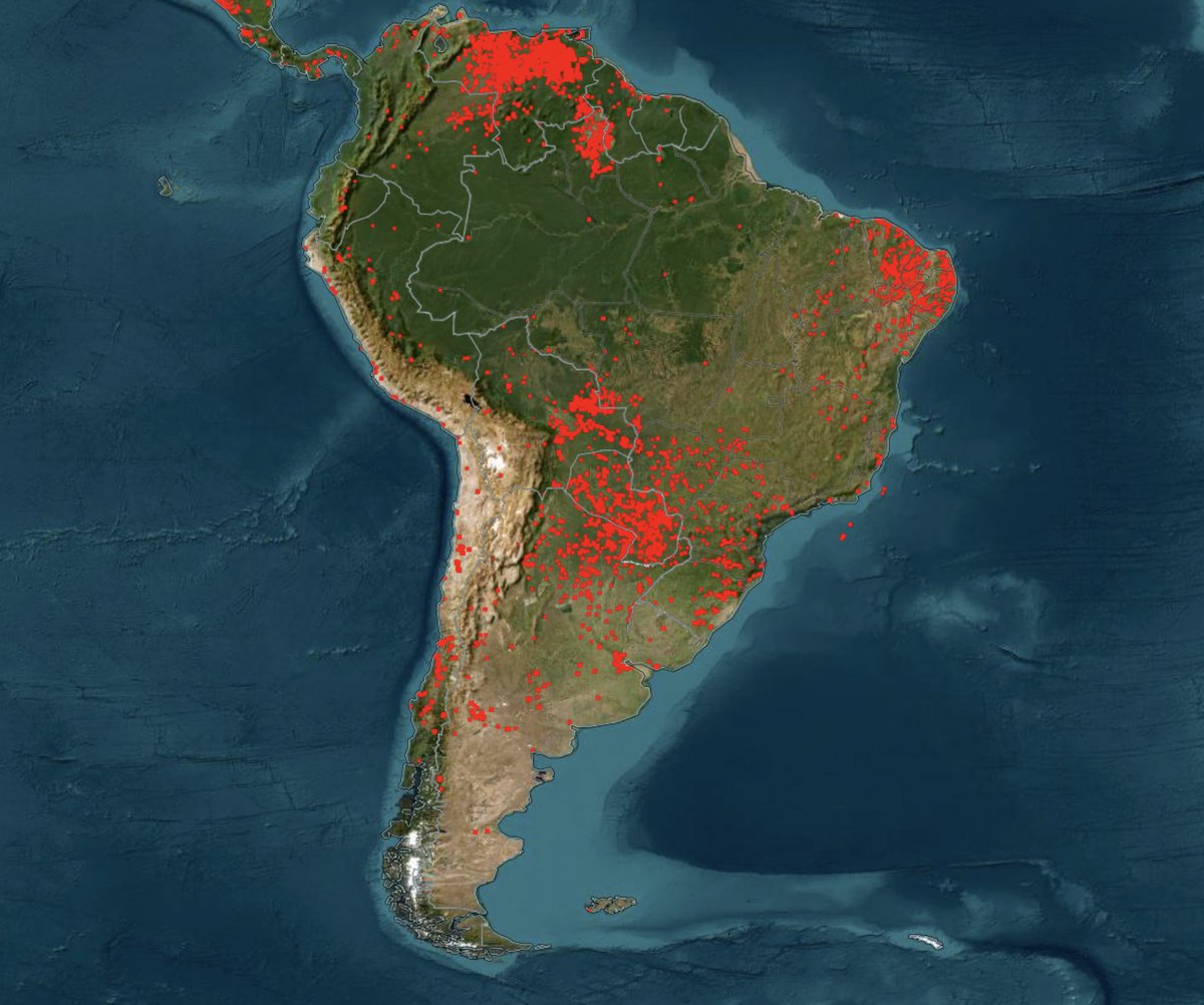 Sacale muchas fotos a los árboles y bosques. Tus hijos y nietos no los conocerán. Así se quema América del Sur: registros de incendios observados por los satélites  Aqua y Terra de la NASA.

Mirá más acá: 
firms.modaps.eosdis.nasa.gov/map/#d:24hrs;@…