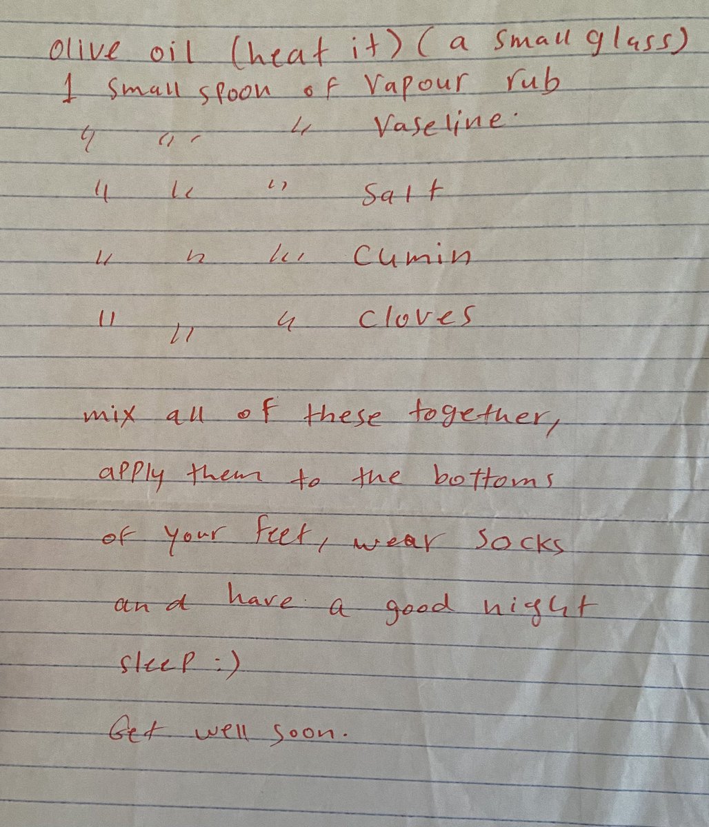 Years ago, a classmate in one of my grad classes gave me this recipe to help me with my cold. I still have the note and use it! I also still think of how nice she is and I hope for all the best things to happen in her life!