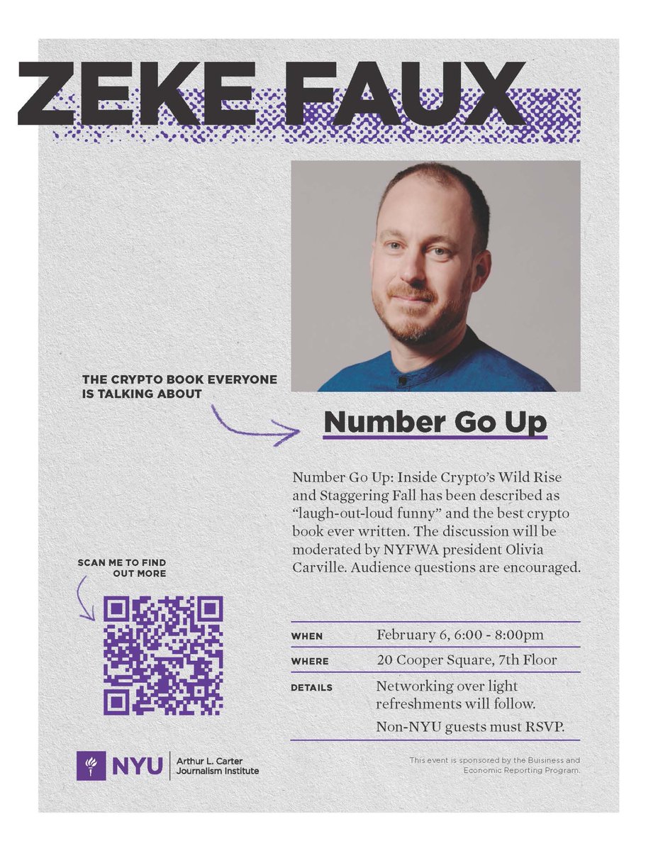 🗓️ TOMORROW at 6pm ET @ZekeFaux talks the rise and fall of #crypto w/  @livcarville at NYU Journalism Non-NYU guests, RSVP here:  https://t.co/3GQ97f8WAu