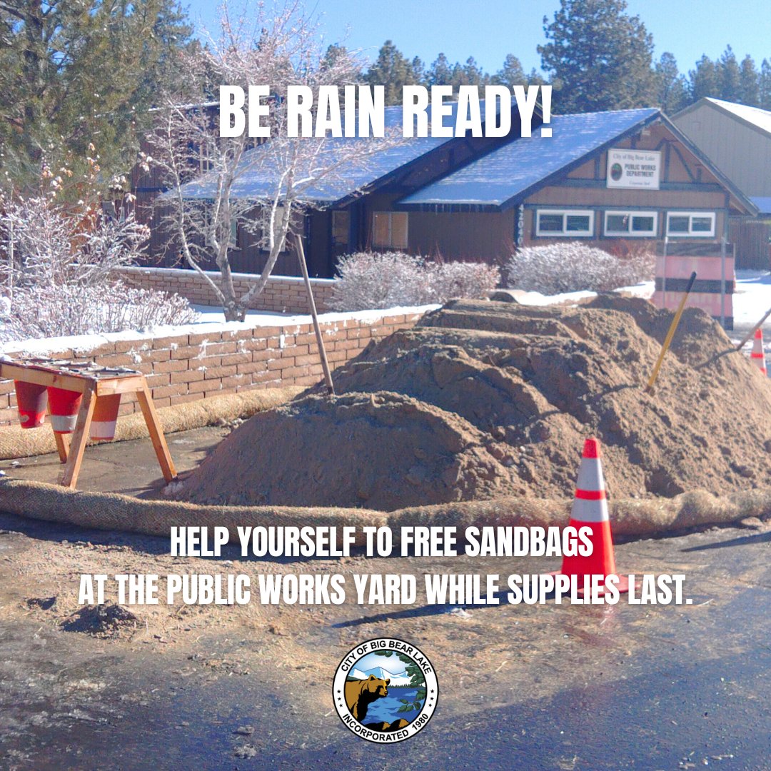 <a href="/nws/">National Weather Service</a> has issued a #floodwatch for Big Bear Lake from 2/4 12:00 PM - 2/6 4:00 PM PST. Fill your own free sandbags at:
City Public Works Yard
42040 Garstin Dr., Big Bear Lake, CA 92315

#cityofbigbearlake #bigbearlakecalifornia #winterweather #beprepared #sandbags #RainReady