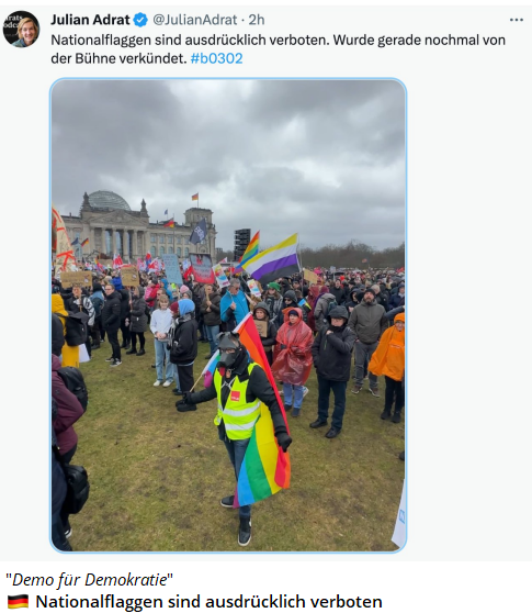 Haintz_MediaLaw's tweet photo. Bitte zählt mir sämtliche Länder der Welt auf, außer 🇩🇪, in denen bei einer "Demonstration für die Demokratie", noch dazu vor dem Haus des Volkes, die eigene Nationalflagge verboten ist.
#WirSindDieBrandmauer https://t.co/C4A5PAiINH