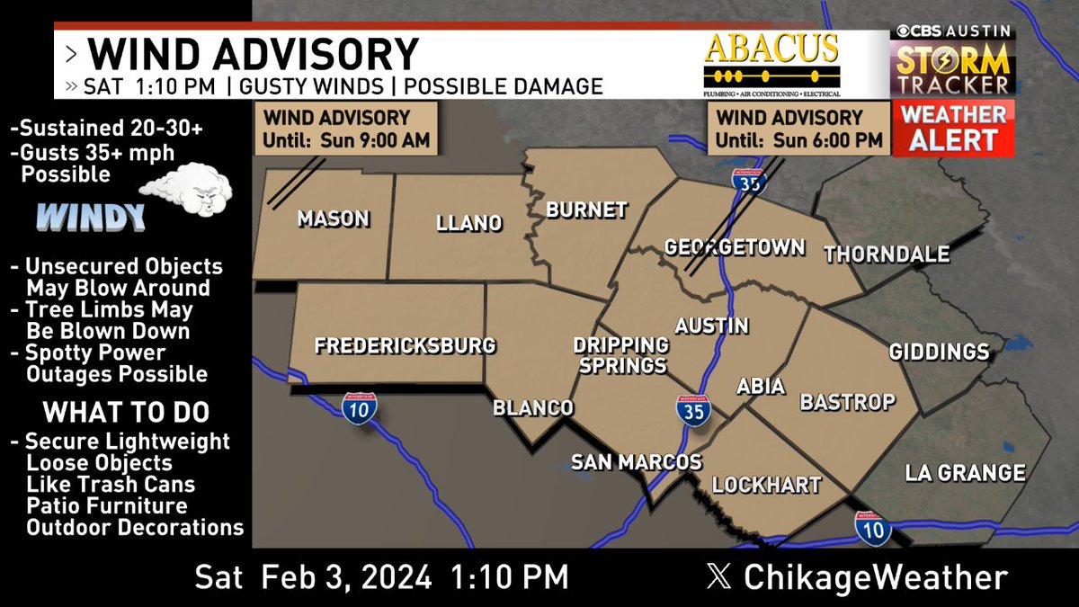 A WIND ADVISORY has been issued for the highlighted area. Gusty winds could cause minor damage. #atx #atxwx #cbsaustinwx #txwx cbsaustin.com/weather
