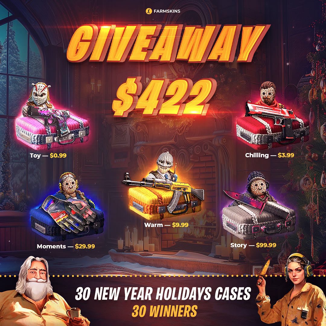 farmskins's tweet photo. This is a GIVEAWAY for 30 winners! 30 cases! 🎉

It's time to feel this festive atmosphere for the last time! 🥰

How to join? 👀
🎁 Follow @farmskins
🎁 Like & RT the post 
🎁 Tell us how you spent your holidays 

Distribution: 👇
2 Story Cases 
4 Moments Cases
6 Warm Cases 
8 Chilling Cases 
10 Toy Cases 

Winners will be randomly selected in 3 days! Hurry up! ⏰ 

#csgo #cs2 #csgogiveaway #cs2giveaway