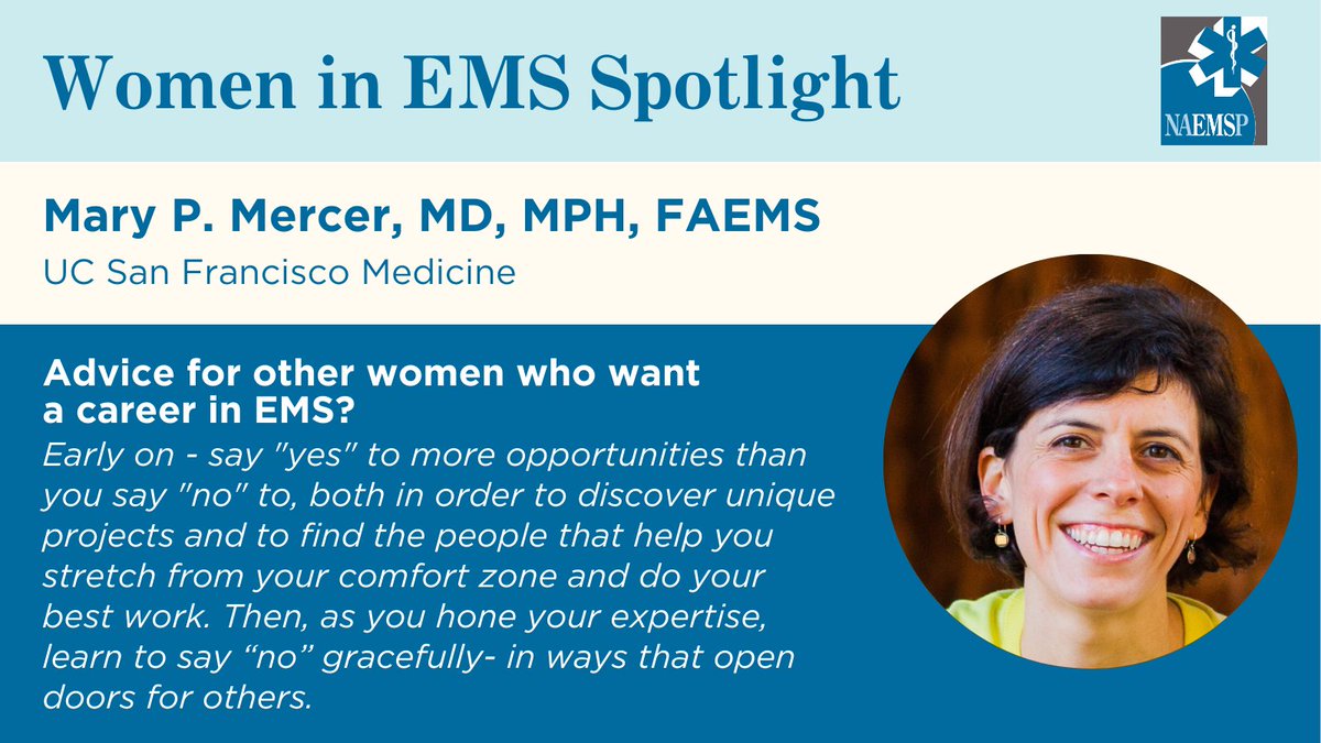 Today is National Women Physicians Day, and we'd like to highlight @mpmercer, an NAEMSP &amp; EMS leader based in San Francisco.

Head to the Women in EMS committee page to learn more about Dr. Mercer and to get involved with the committee: bit.ly/3w1hGUJ #WomeninEMS #WiEMS
