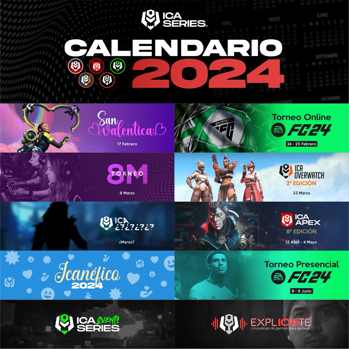 🔴CALENDARIO 2024🔴

Os dejamos el resumen de los torneos y eventos que hemos presentado para la primera mitad de este año 2024!!

Si no habéis llegado a tiempo tenéis el resubido en nuestro canal de twitch!

#apexlegends #FC24  #overwatch  #eventos 

#ICASERIES2024
