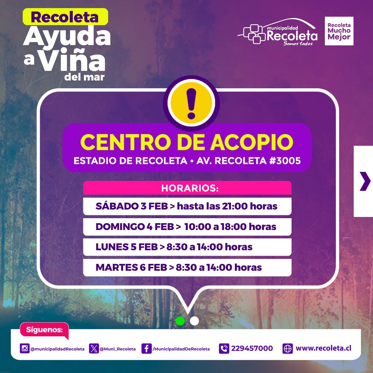 Muni_Recoleta's tweet photo. Ante los graves incendios en la Quinta Región hemos dispuesto un centro de acopio en el Estadio Municipal. Hasta el martes podrás llevar los insumos de mayor necesidad 🫱🏻‍🫲🏼#RecoletaAyudaAViña https://t.co/mBEyURMtKE