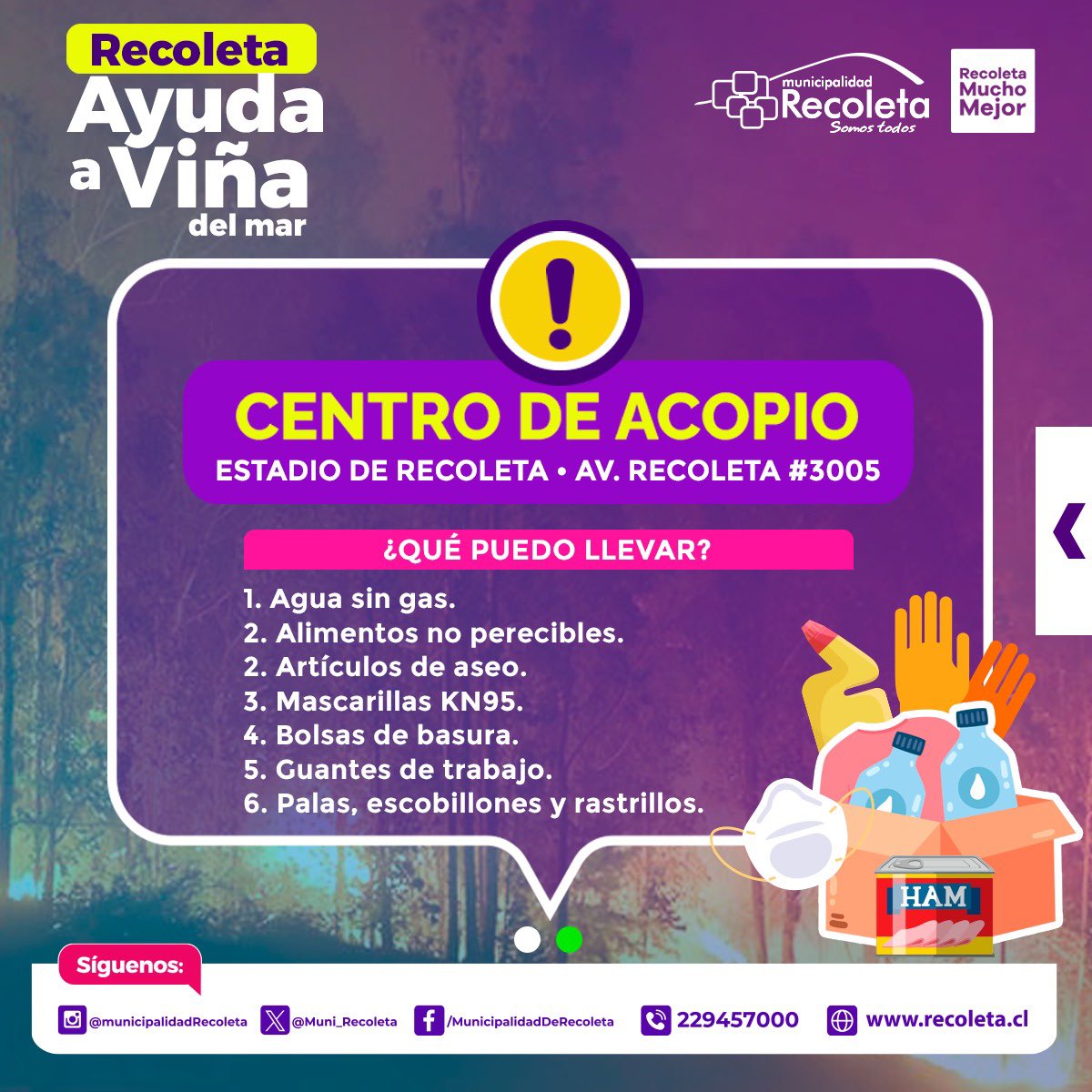 Muni_Recoleta's tweet photo. Ante los graves incendios en la Quinta Región hemos dispuesto un centro de acopio en el Estadio Municipal. Hasta el martes podrás llevar los insumos de mayor necesidad 🫱🏻‍🫲🏼#RecoletaAyudaAViña https://t.co/mBEyURMtKE