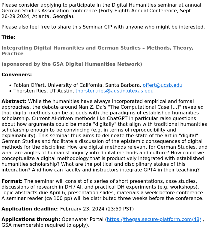 Please consider applying to @TheGSA Seminar: 'Integrating Digital Humanities and German Studies' Deadline: February 23, 2024! Abstract: thegsa.org/blog/cfa-semin… Apply: thegsa.secure-platform.com/48/ #digitalhumanities #germanstudies #usgermanstudies #TheGSA #GSA