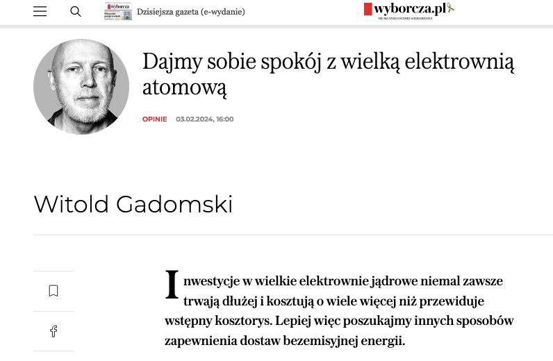 Mili Państwo, przeczytałem ten artykuł i powiem Wam - jest on, kurka, niesamowity.

Otóż autor uważa, że powinniśmy odpuścić budowę dużej elektrowni jądrowej, bo jej koszty i czas budowy mogą być wyższe od szacunków i skupić się na małych reaktorach jądrowych, czyli na SMR-ach.