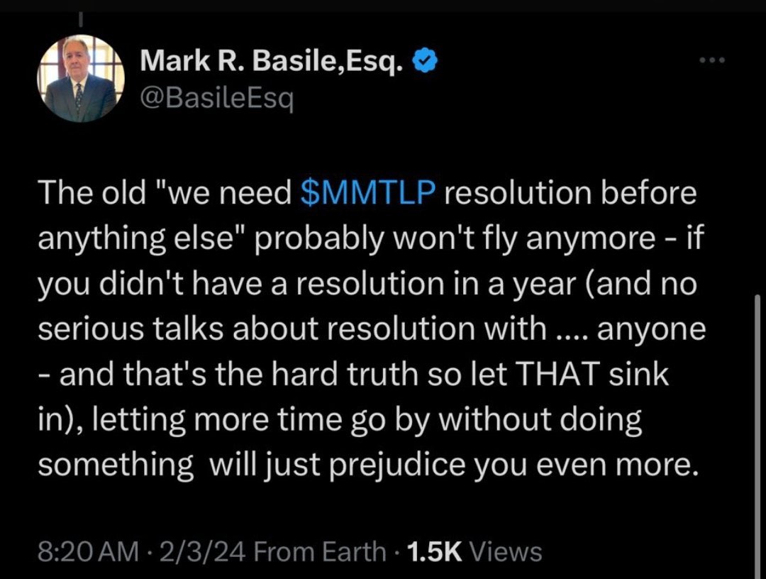 TheRealMJDimino's tweet image. Attention $MMTLP community:  

We have an attorney who’s embedded himself while being emboldened by weak people within the community.

I can’t make this any more clear… IMO at this point WE DO NOT NEED a lawsuit to get a resolution.  This attorney made the tweet below the DAY…