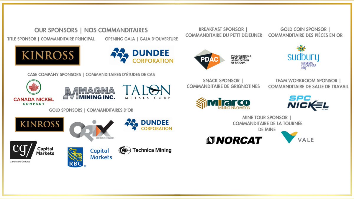 The support of our sponsors made this year’s Goodman Gold Challenge: Critical Minerals Edition a huge success! @CGWM_CA @CanadaNickel @DundeeCorp @kinrossgold @MagnaMining @mirarco1 @NORCAT @OrixGeoscience @the_PDAC @rbccm @CORPSpc @GreaterSudbury @TalonMetals @TechnicaMining