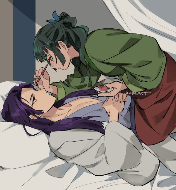 1boy 1girl green hair long hair long sleeves purple hair lying  illustration images