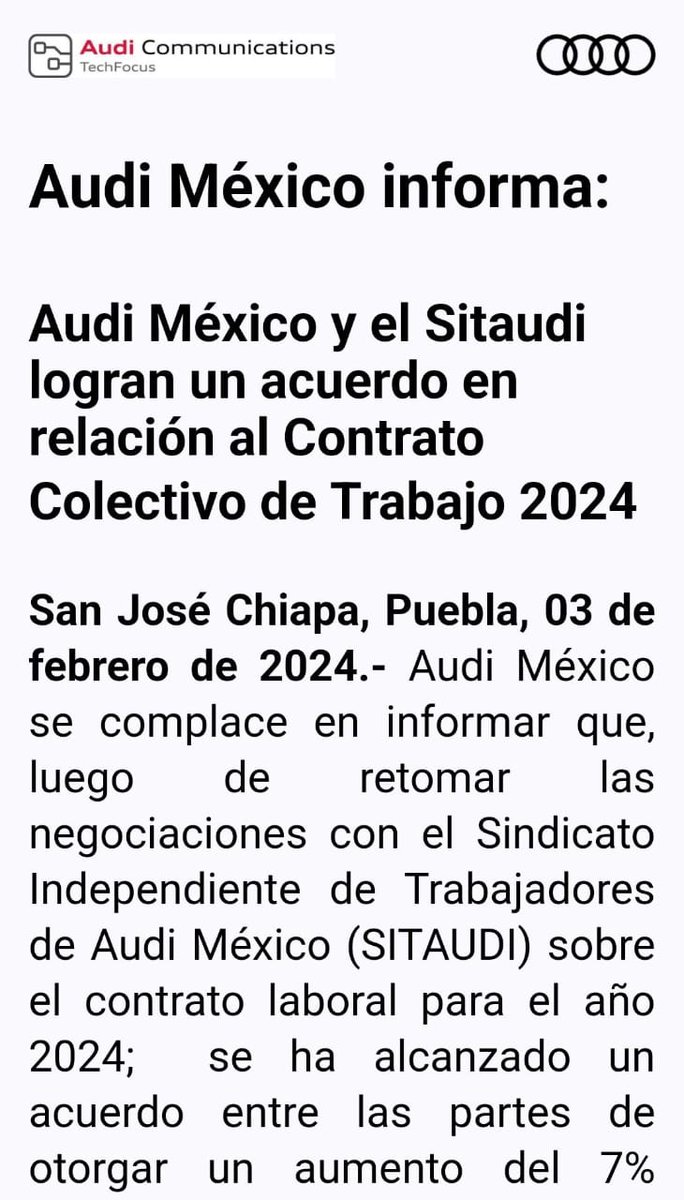Acuerdan @AudideMexico y @SITAUDI_MX, aumento de 7 por ciento, 50 por ciento más que el índice inflacionario, informa la ensambladora alemana.