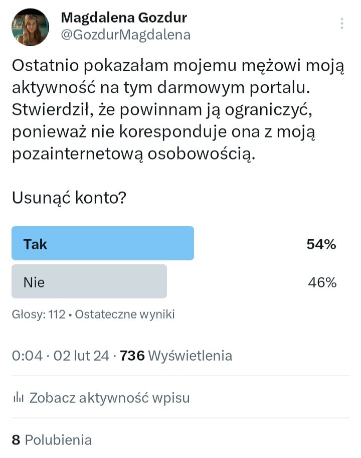 GozdurMagdalena's tweet photo. @Adonis1141 Ja próbowałam usunąć, ale nie pamiętam hasła, a tego wymaga procedura...🤷‍♀️

P.S.Czy da się zobaczyć użytkowników, którzy głosowali za?🤨 https://t.co/DTxopLHuyE