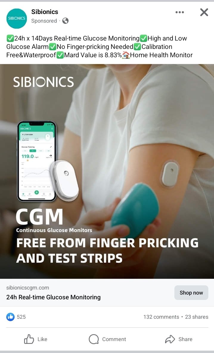 SiBionics have been pushing their GS1 CGM aggressively on Facebook and Instagram. Their user guide very clearly states that it shouldn't be used for treatment and yet, this. 

If you don't have approval for treatment, don't say no fingerpricking.

#GBDoc