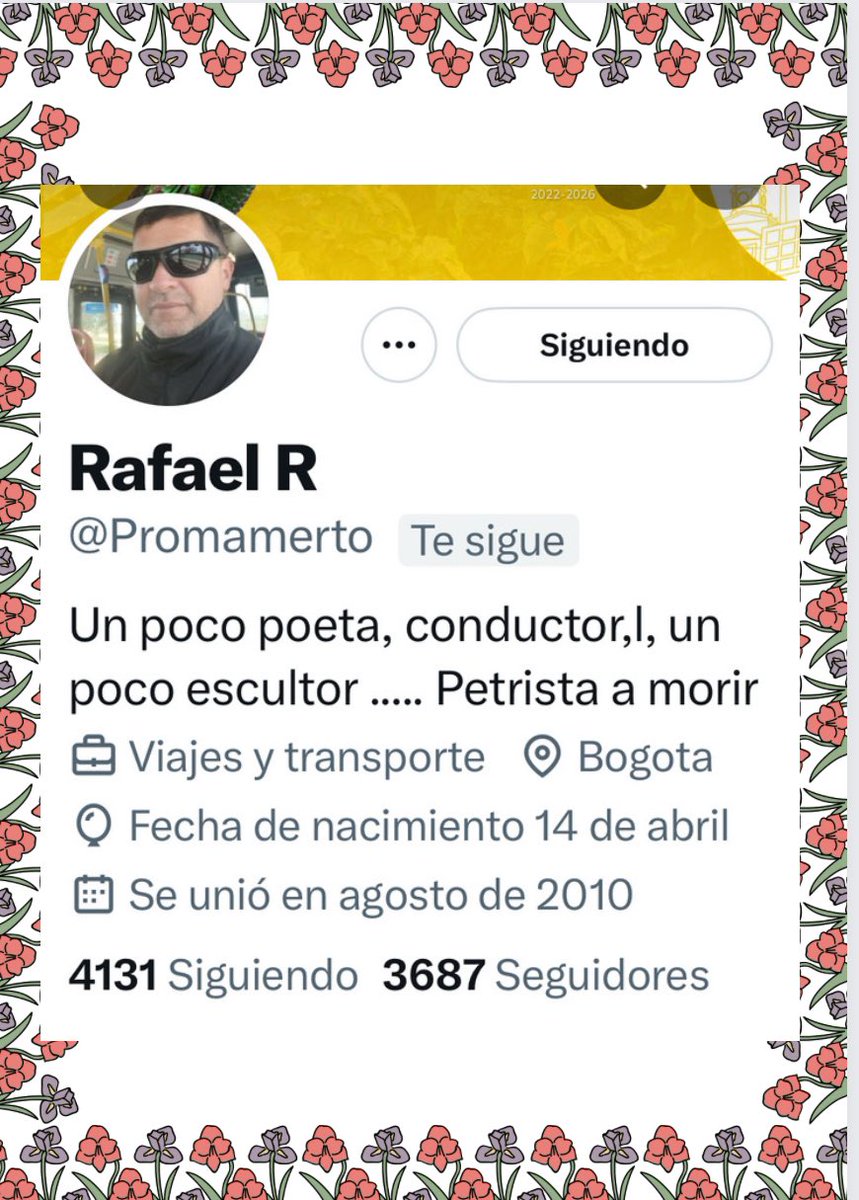 Exiliada de patria (@exiliadap) on Twitter photo Compañeros, en estos días difíciles para nuestra querida patria #Colombia necesitamos estar unidos, fuertes y firmes.
Nuestra #RedProgresista necesita crecer,  𝙧𝙚𝙘𝙤𝙢𝙞𝙚𝙣𝙙𝙤 la cuenta <a href="/Promamerto/">Rafael R</a> 
#RedProgresista 
#SíguemeYTeSigo
Denle 𝙍𝙋 🔄🔄🔄 Compañeros, en estos días difíciles para nuestra querida patria #Colombia necesitamos estar unidos, fuertes y firmes.
Nuestra #RedProgresista necesita crecer,  𝙧𝙚𝙘𝙤𝙢𝙞𝙚𝙣𝙙𝙤 la cuenta <a href="/Promamerto/">Rafael R</a> 
#RedProgresista 
#SíguemeYTeSigo
Denle 𝙍𝙋 🔄🔄🔄