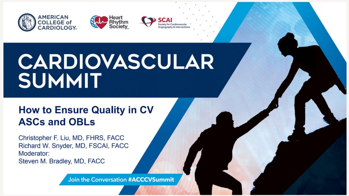 DrJMarine's tweet photo. Closing #ACCCVSummit session on CV procedures in ASC/OBL led by @RickSnyderMD #ChrisLiu #SteveBradley. Potential to lower cost, improve patient (and MD) experience. Must ensure quality, safety, appropriateness. @SCAI @HRSonline @ACCinTouch https://t.co/IFIpX4AEec