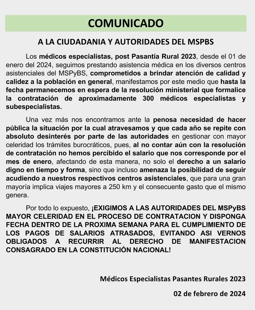 elnacionalpy's tweet photo. PARAGUAY QUE DUELE | 💔🇵🇾

🔹Médicos especialistas rurales emiten comunicado denunciando que debido a lentitud o desidia, aún no salió la resolución ministerial que formaliza la contratación de más de 300 médicos, por lo que tampoco pudieron cobrar salarios de enero.

🔹Por esto, está en riesgo que puedan seguir presentándose a sus lugares de trabajo, que implica muchas veces viajes de hasta 250 km, con el gasto que eso implica para cada uno de ellos. Piden acelerar el proceso de contratación y pago de salarios atrasados de modo a evitar una manifestación de los mismos y paro de actividades.

🔹Mientras tanto, varios funcionarios con funciones absurdas o con padrinazgos políticos cobran puntualmente cifras millonarias cada mes.

#ElNacional