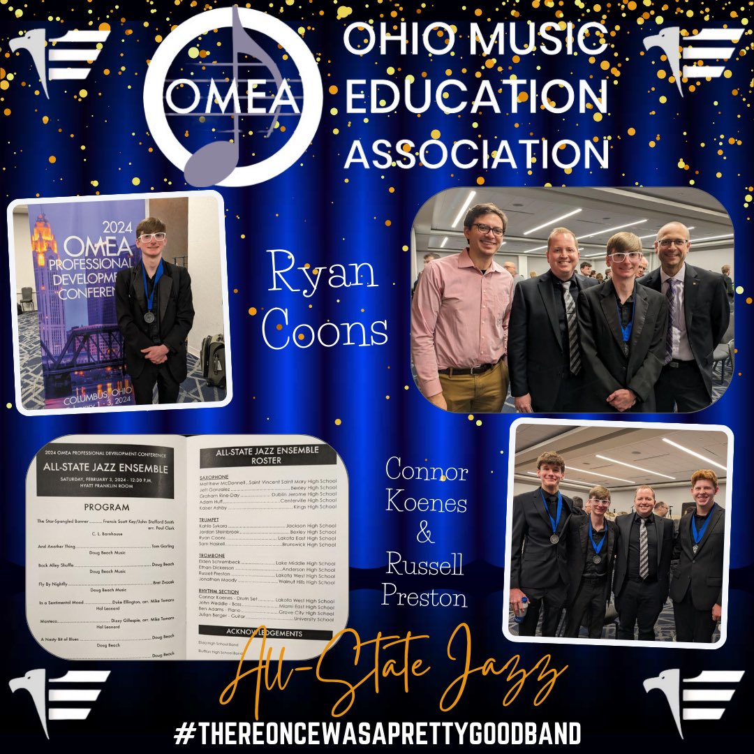 lakotaeastbands's tweet photo. #hawksaroundtheglobe Ryan Coons was joined by Connor Koenes &amp; Russell Preston from @lakotawestbands to represent the best of the best in today’s @omeaohio All-State Jazz Band! @lakotaeastbands #allstatejazz #omeapdc @lakota_district #WEareLakota🖤🤍❤️ #thereoncewasaprettygoodband https://t.co/Am56y25PBT