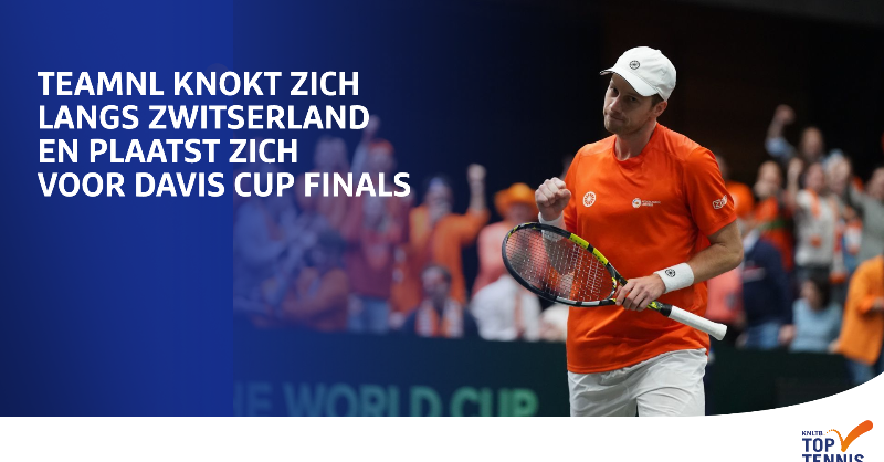 KNLTB's tweet photo. In een kolkende Martiniplaza in Groningen heeft het TeamNL Davis Cupteam een achterstand tegen Zwitserland weten om te buigen in een 3-2 overwinning. Oranje plaatste zich zodoende voor de vierde keer voor de Davis Cup Finals. Lees hier ⤵️ meer. #DavisCup #TeamNL