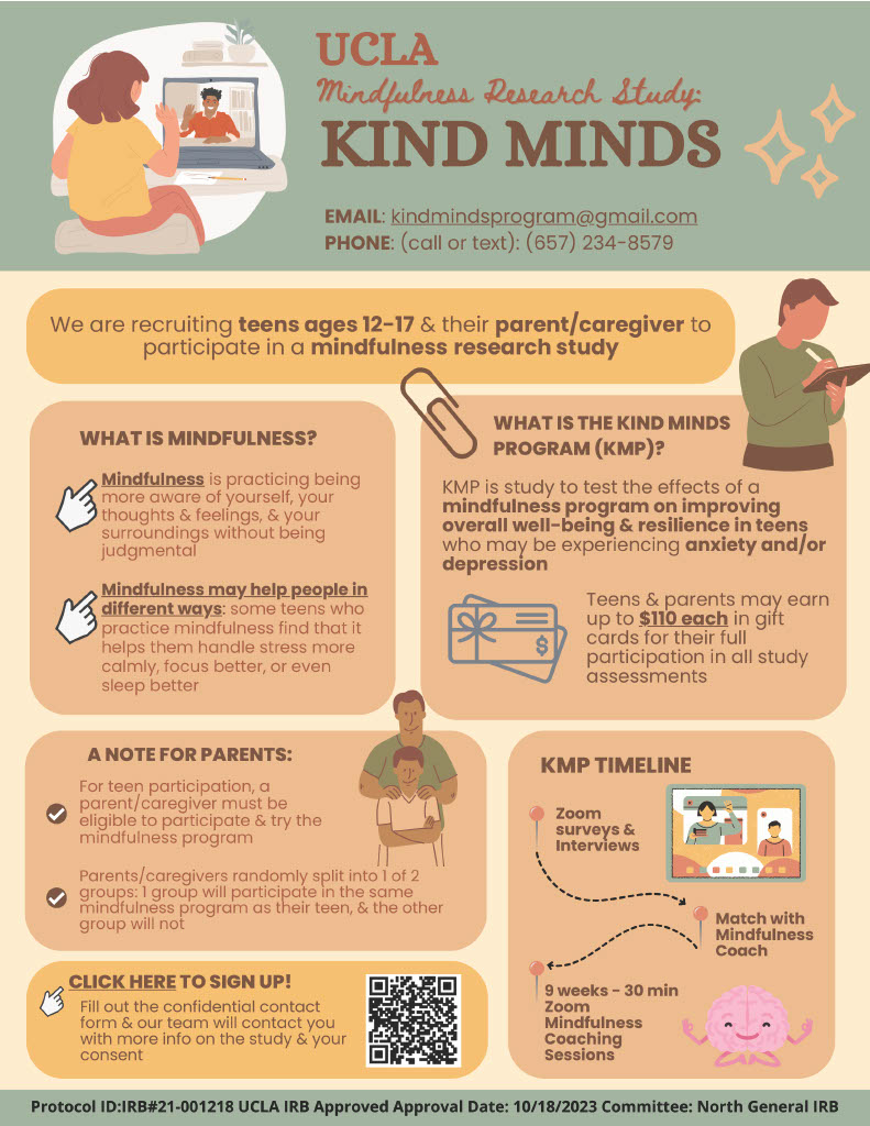 Excited to share my dissertation which explores a paraprofessional-led, internet-based mindfulness intervention for teens with anxiety and depression, aptly called Kind Minds. Still recruiting teen participants in California. Please help me spread the word!