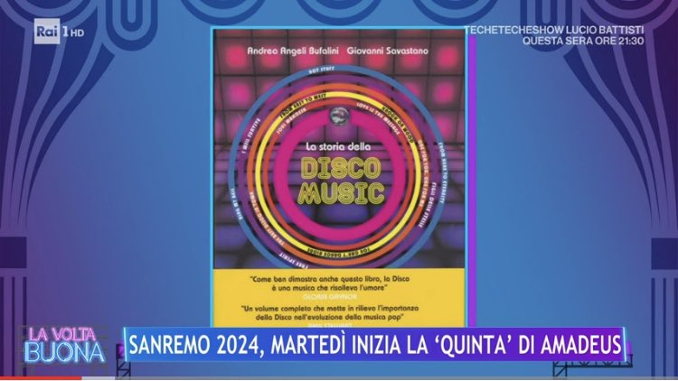 AndreaAngeliBuf's tweet photo. Ieri ospite a @voltabuonarai con #DeborahJohnson #FrancescaAlotta #FrancescoBoccia e il mio libro scritto con @GiovSavastano #DonnaSummerLaVoceArcobaleno Grazie a @caterinabalivo e a tutto lo staff #LaVoltaBuona @RaiUno #LaStoriadellaDiscoMusic #FestivalSanRemo #Wess @Hoepli_1870 https://t.co/QoBEbjvBQD