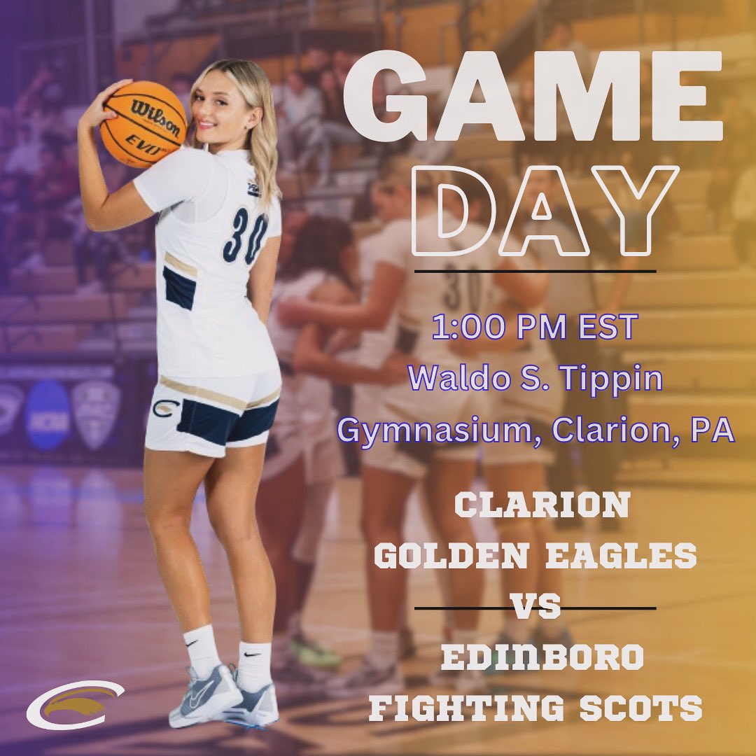 GAME DAY IN CLARION 🦅🔵🟡 Clarion Golden Eagles 🦅 VS Edinboro Fighting Scots 📍- Waldo S. Tippin Gymnasium, Clarion, PA ⏰ - 1:00 PM EST 📺 - psacsportsdigitalnetwork.com/clarion/ 📊 - clariongoldeneagles.com/sidearmstats/w… #WingsUp #GameDay #PSAC #womensbasketball #homecourt #defend