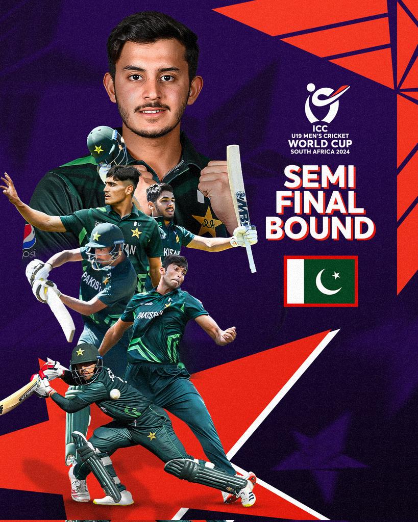 Pakistan U-19 has qualified for the Semi Final of the World Cup
We are into Semifinals 🇵🇰 
#PAKvBAN #U19WorldCup