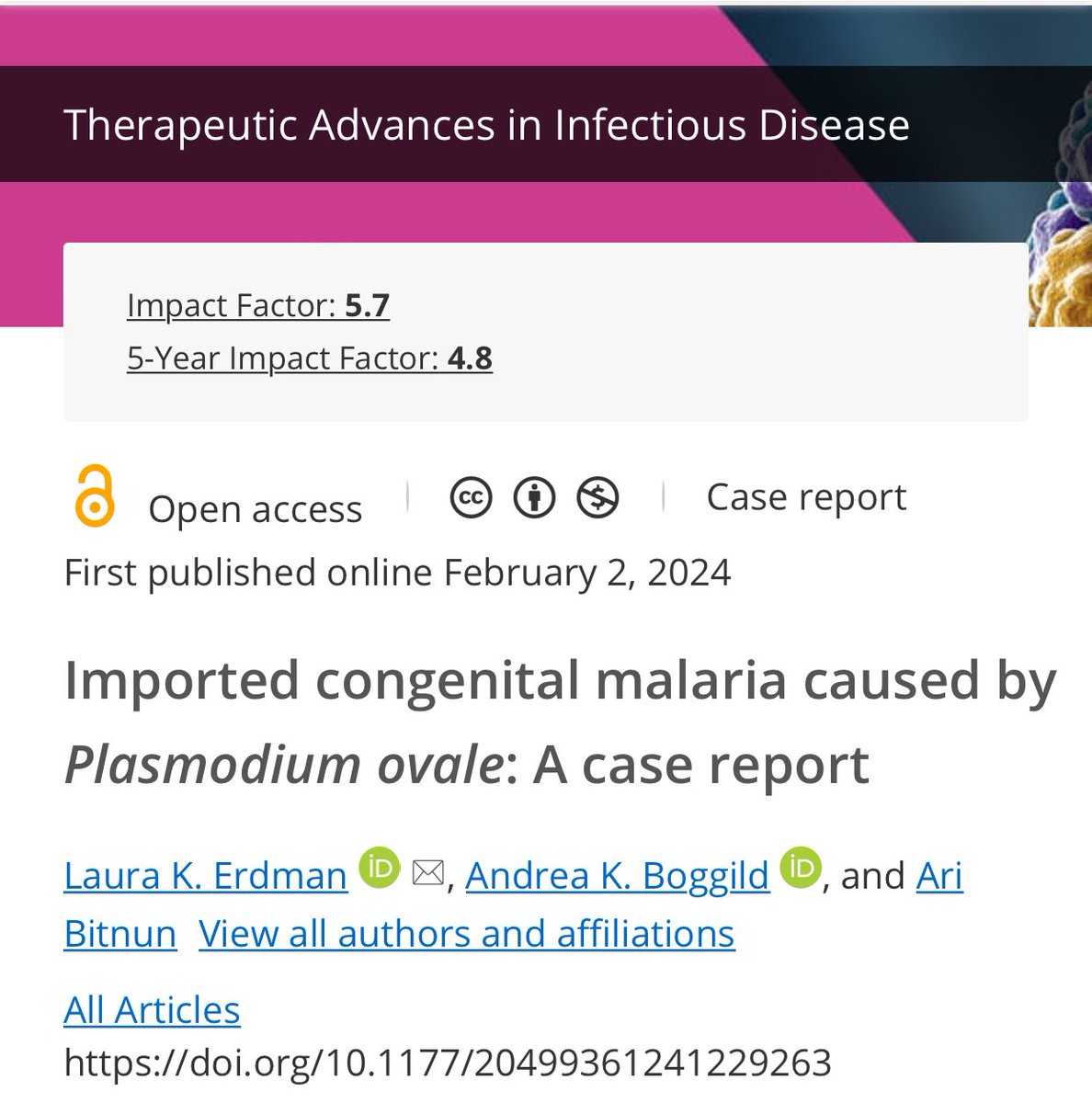 ❗️Publication alert❗️Out in @TAInfDis, see our paper on congenital #malaria due to Plasmodium ovale infection👉 journals.sagepub.com/doi/10.1177/20… TY to @LauraErdman12 & @ABitnun for highlighting this important & preventable pediatric infectious disease🙏👏 Fever + Epi = test for malaria!
