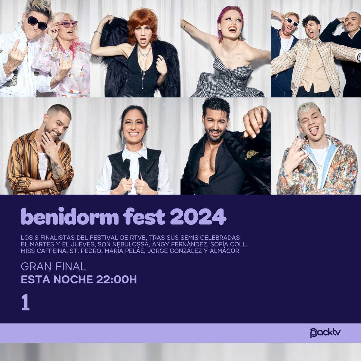 PackTV123's tweet photo. 🎶 #BENIDORMFEST | Esta noche a las 22h en La 1 llega la GRAN FINAL del #BenidormFest2024

➡️ 1 de los 8 clasificados saldrá elegido como el representante de España en #Eurovision2024 celebrado este año en Malmö 🇸🇪

🌟 En el intervalo se contará con la actuación de Camela https://t.co/1TEeDbWmRn
