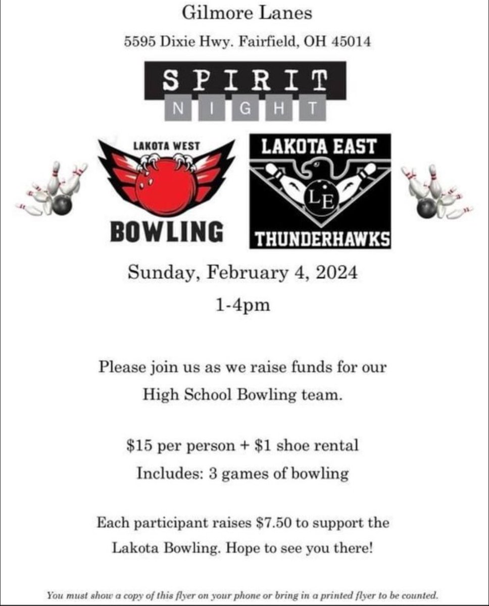 SassyEyedJen's tweet photo. Come out tomorrow and support both @EAST_HAWKS and @LakotaWest bowling teams while having fun! See you there! https://t.co/8XNpHft3iI
