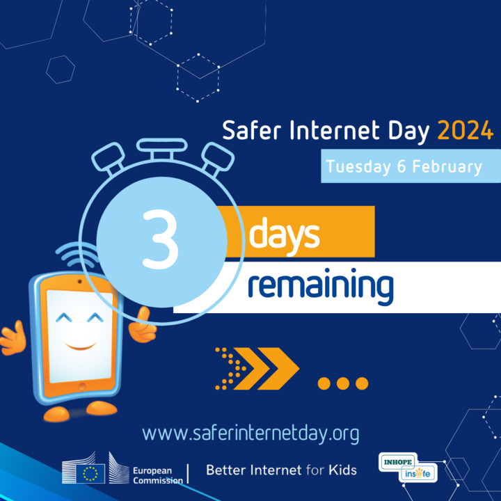 safeinternetday's tweet photo. ⏳ 3 days before #SID2024! The 21st edition of #SaferInternetDay is approaching. 

Join us on Tuesday, 6 February 2024, as we unite globally 🌎 “Together for a better internet”!  

Visit https://t.co/4uJi0OixGQ to find out how to get involved. https://t.co/afRL3GI9Am