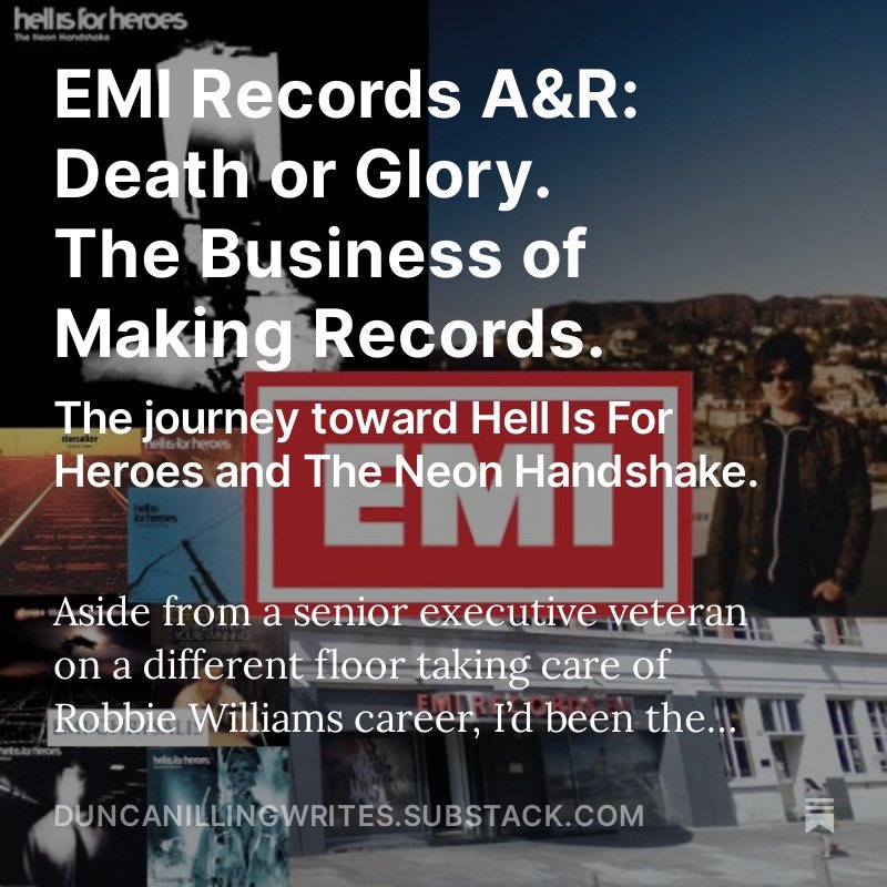 DuncanIlling's tweet photo. My latest Substack, link in bio. Life as an A&R. #musicbusiness #recordbusiness #A&R #emimusic #emirecords #emichrysalis #hellisforheroes #starsailor #pinkfloyd #robbiewilliams #ironmaiden #doves #heavenlyrecordings #soundcitystudios #refused #musicstudio #makingrecords #music https://t.co/hSd5etl6qk