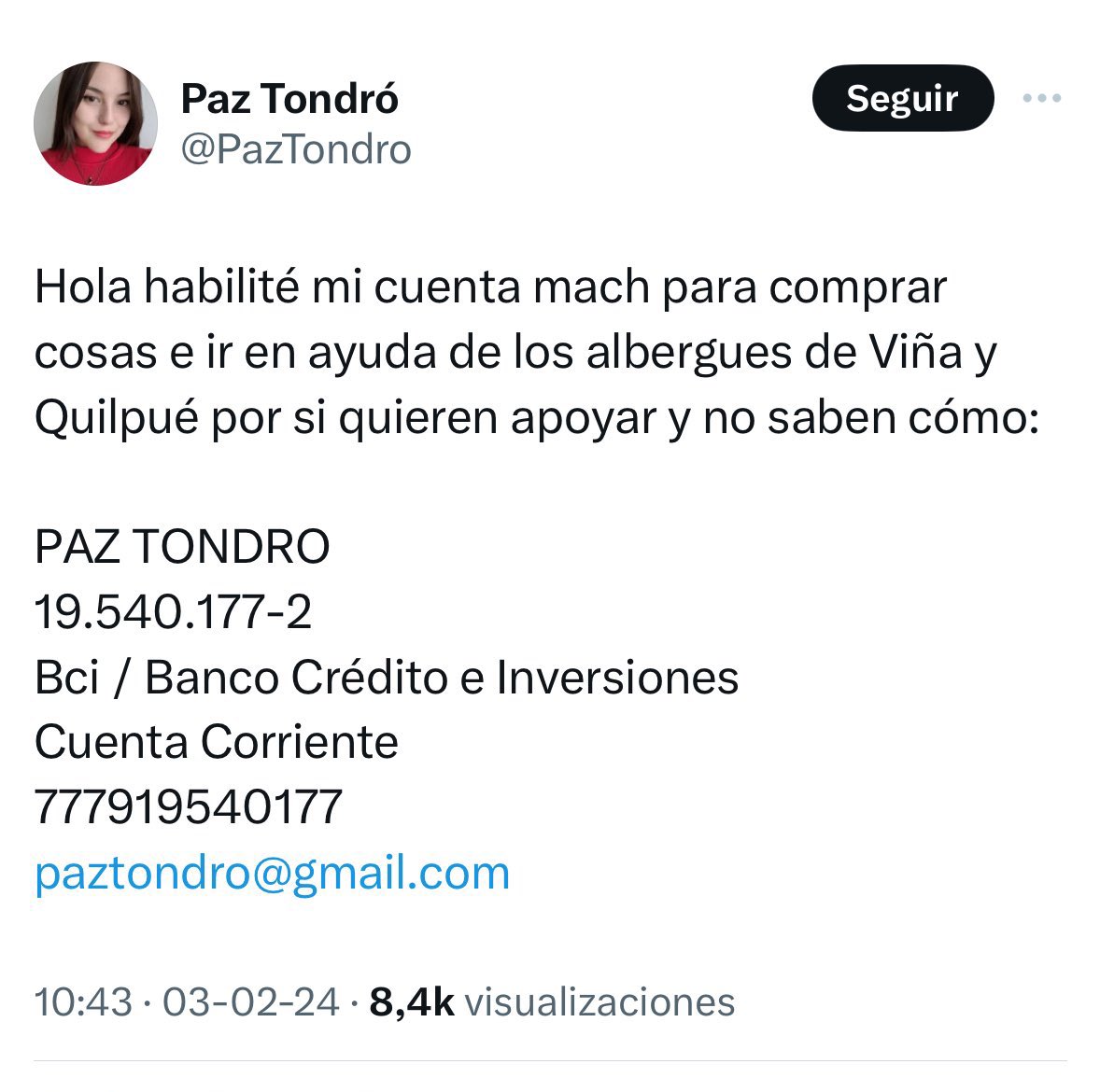 NO LE DEPOSITEN A ESTA PERSONA.
Recuerden que ella pertenecía a Democracia Viva. 
Son capaces de sacar provecho incluso de los incendios. 

Posible fraude ❌❌❌🚨