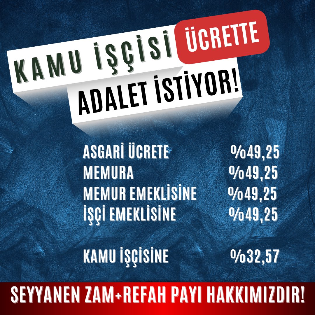 eylm_bcak35's tweet photo. Kamu İşçisi Adalet İstiyor...

✅ Memurlara %49,25
✅Tüm Emeklilere %49,25
✅ Asgari ücrete %49 
✅ Kamu İşçisi %32

❌Kamu İşçisine %32‼️Kabul edilemez! 
Eşitlik için Kamu İşçilerine de %49,25 verilmeli!

#KamuİşçisiYüzde49diyor
#DevletiscisiniUnutmaz
#SeyyanenZam https://t.co/gGvLiA3Vv1
