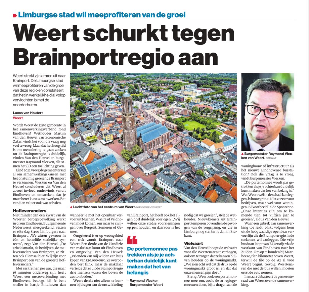 Terecht pleidooi en oproep voor meer samenwerking met <a href="/Brainport_ehv/">BRAINPORT EHV</a> <a href="/rvlecken/">Raymond Vlecken</a> <a href="/martijnheuv/">martijnvandenheuvel</a> <a href="/gemeenteweert/">Gemeente Weert</a>. Laat schaalsprong ook een sprong zijn over provinciegrens heen <a href="/ED_Regio/">Eindhovens Dagblad</a>
