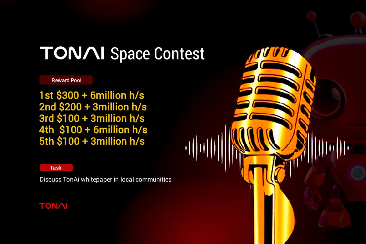 Organise a twitter space with your community and win rewards. Task: Discuss the TonAi Whitepaper docs.tonai.xyz Register space here: forms.gle/AaRZsRQpSb13qt… @tonn_ai representative would attend all spaces registered for observation purposes only #TON #TonAi