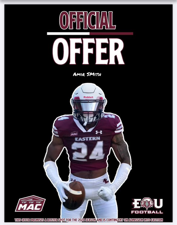 Amir Smith (@mirr4our) on Twitter photo Beyond blessed to have received an offer from Eastern University! <a href="/coachEClark/">Eric Clark</a> <a href="/EUEaglesFB/">Eastern University Football</a> Beyond blessed to have received an offer from Eastern University! <a href="/coachEClark/">Eric Clark</a> <a href="/EUEaglesFB/">Eastern University Football</a>