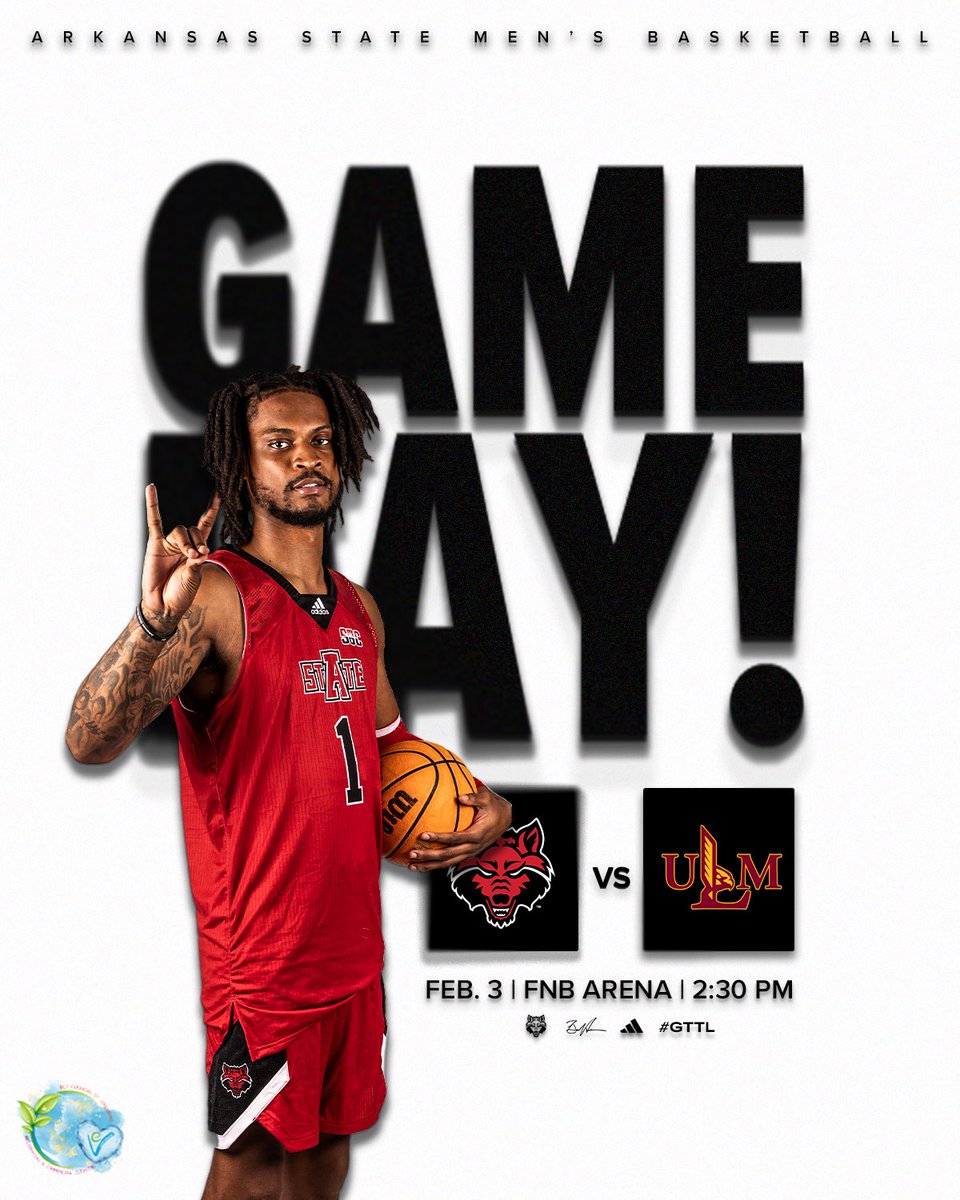 AStateMB's tweet photo. It’s 𝐆𝐀𝐌𝐄𝐃𝐀𝐘‼️

🆚 ULM
🕝 2:30 PM
📍 Jonesboro
🏟️ FNB Arena
📺 https://t.co/pr3oKF5bzz 
📊 https://t.co/yuHpNZwHQn 
📻 https://t.co/pQG9xpKMRD 

#GTTL | #WolvesUp https://t.co/koSk4enUqq