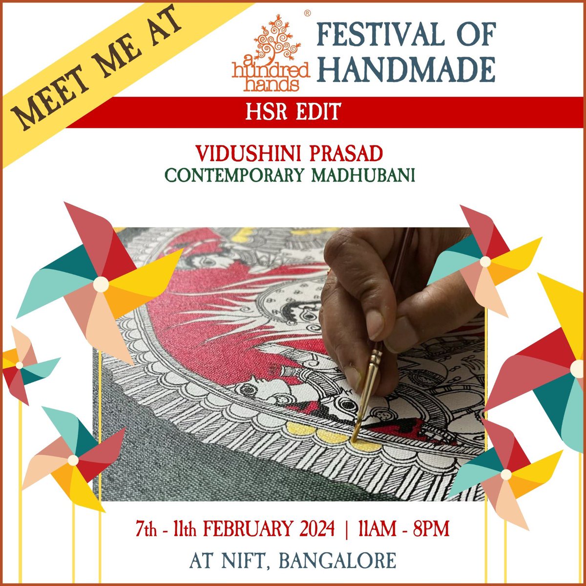 vidushini's tweet photo. Please join me at the Handmade Festival at NIFT BLR from Feb 7-11 for the launch of my new Mithila art collections.
Explore exclusive pieces and immerse yourself in creative workshops. @ahundredhands
#HandmadeFestival #MithilaArt #ArtLaunch #BangaloreEvents #WorkshopArtistry https://t.co/PRY8woTPsS